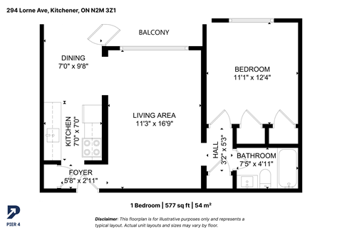 Floor plan for 1 bed, 1 bath, 577 sqft